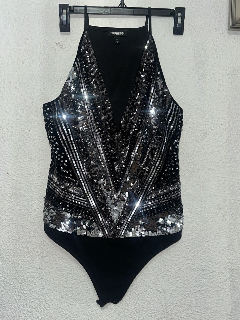 Express Black & Silver Sequin V-Neck Bodysuit